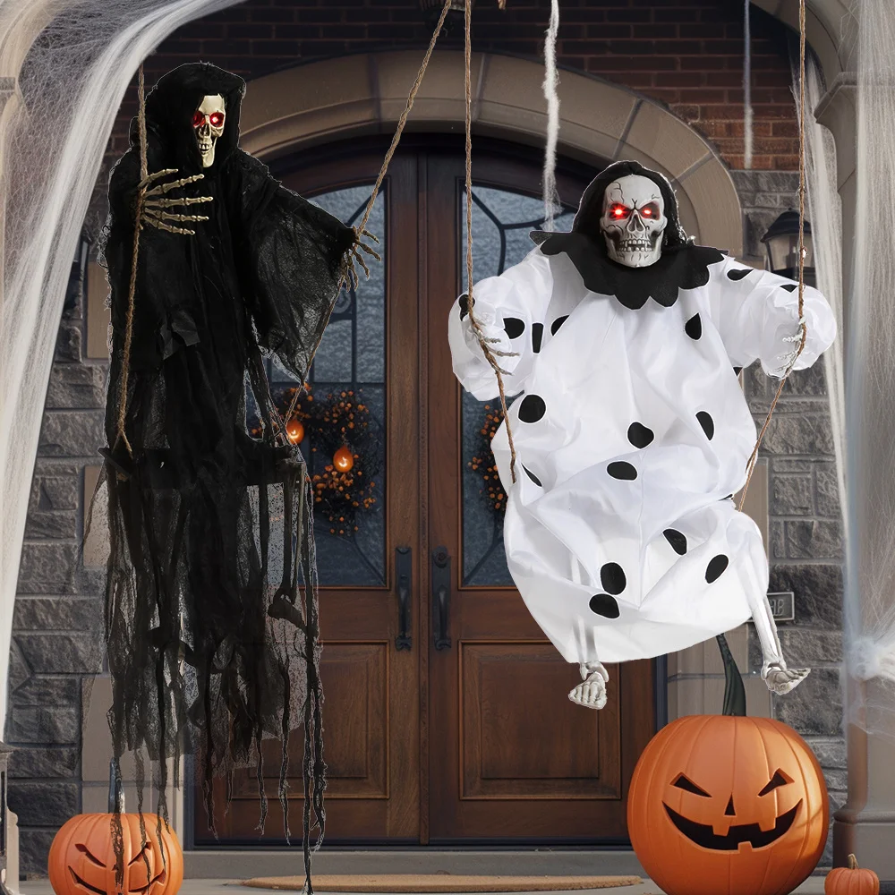 2 Packs Hanging Ghosts Halloween Decorations Decor with Lighted Up Eyes 3ft Scary Grim Reaper Swinging Skeleton Flying for Yard Patio Lawn Garden