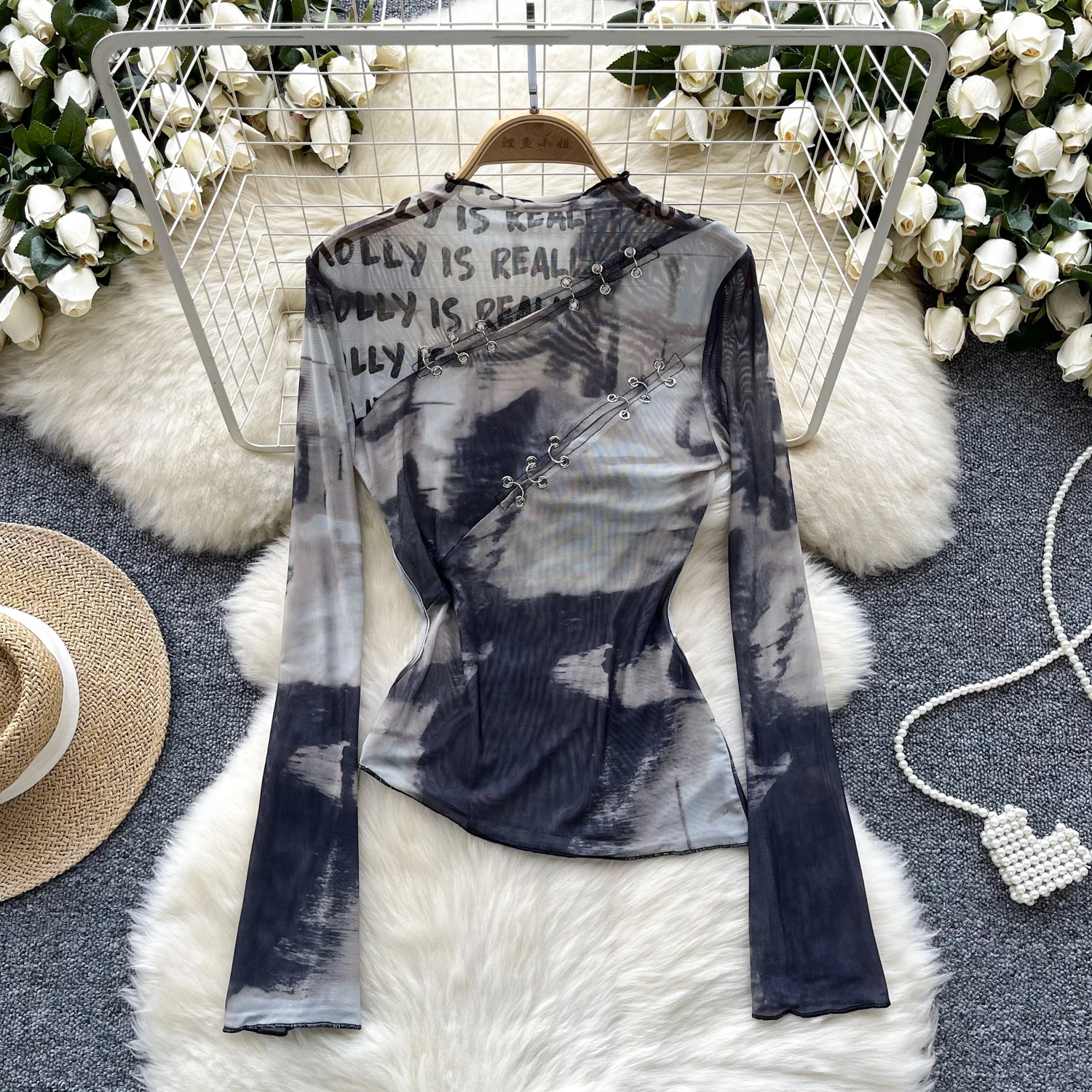 

Chic Sweet cut out print mesh asymmetrical Blouse Elegant French Fashion Sexy Shirt summer lool sleeve Women Top