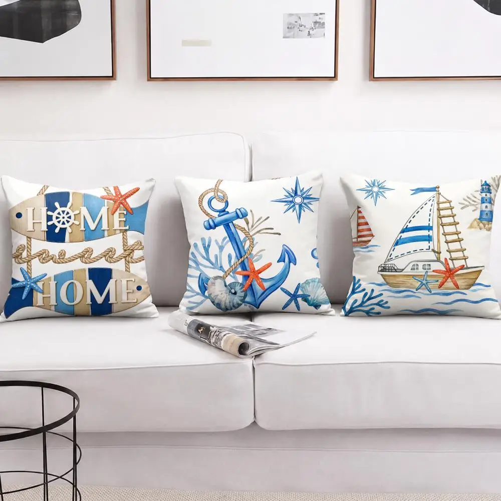 Watercolor Ship Wheel Anchor Sailboat Cushion Cover Soft Short Plush Pillow Cases Hidden Zipper Cutecore Sofa Bedroom Home Decor