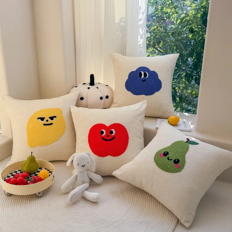

Cute Cartoon Fruit Embroidered Pillow Covers Square Luxury Chenille Cushion Cover Home Decor for Sofa Bed Living Room Bedroom