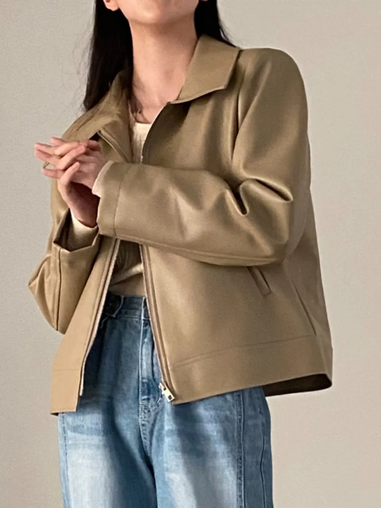 معطف نسائي من الجلد من Cool Girl Jaet فضفاض مناسب بياقة بسحاب لراكبي الدراجات النارية ملابس خارجية للخريف والشتاء معطف كاجوال أنيق