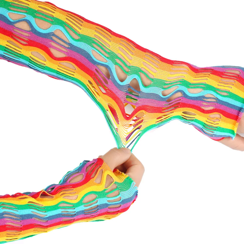 Rainbow Fishnet Women's Arm Sleeves Long Mesh Festival Colorful Hollow out Neon Elastic Striped Rave Carnival Party Arm Covers