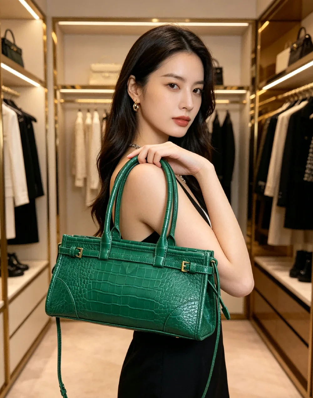 

Emerald Green Crocodile Embossed Leather Tote Bag, Top-Handle Shoulder Handbag with Detachable Strap