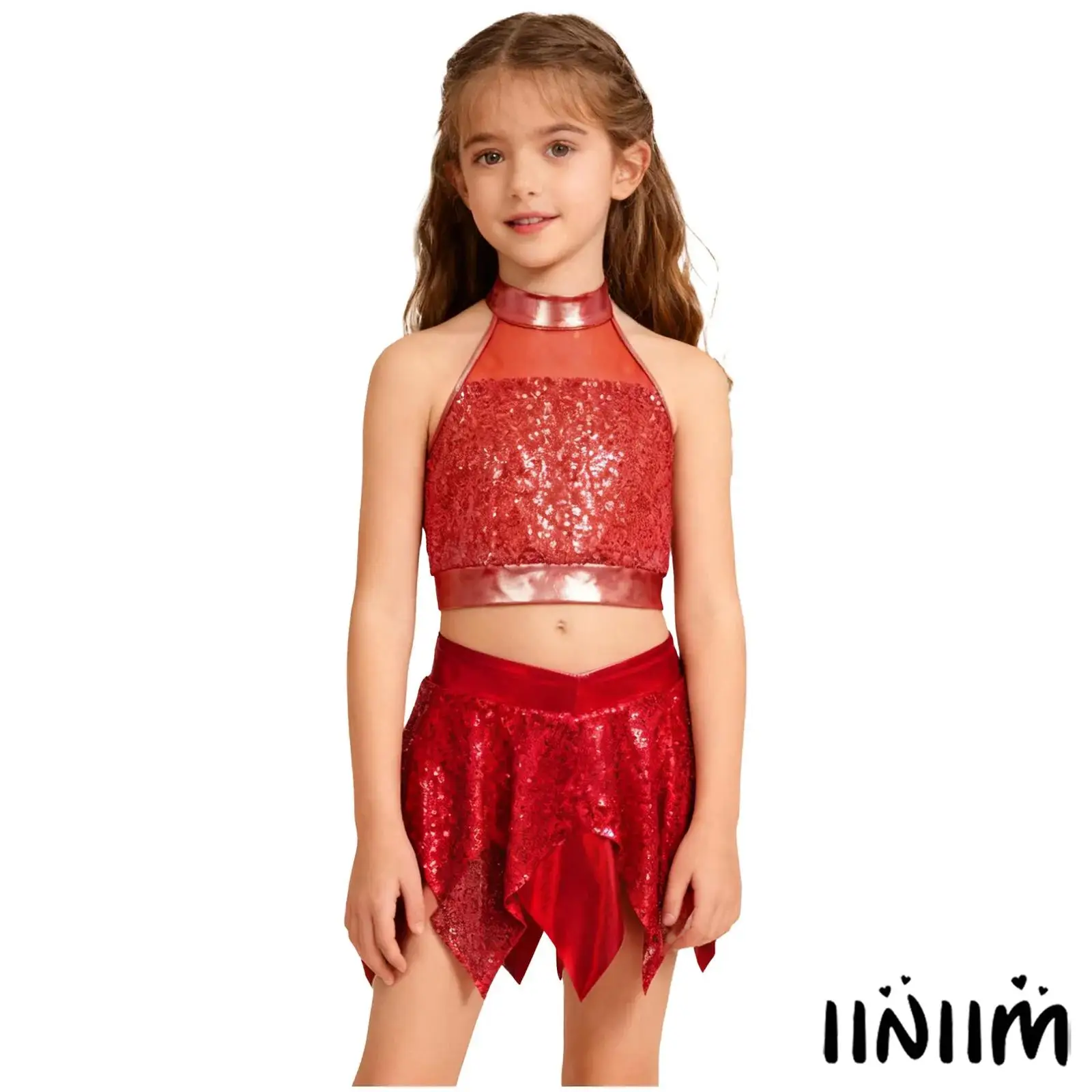 

Girls Jazz Dance Costume Sleeveless Keyhole Back Sparkly Sequin Crop Top and Asymmetric Metallic Skirt for School Cheerleading