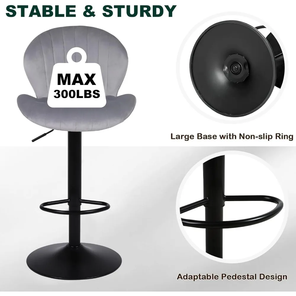 Modern Bar Stools Set of 3, Velvet Height Adjustable Swivel Barstools, Armless Kitchen Island Counter Chairs