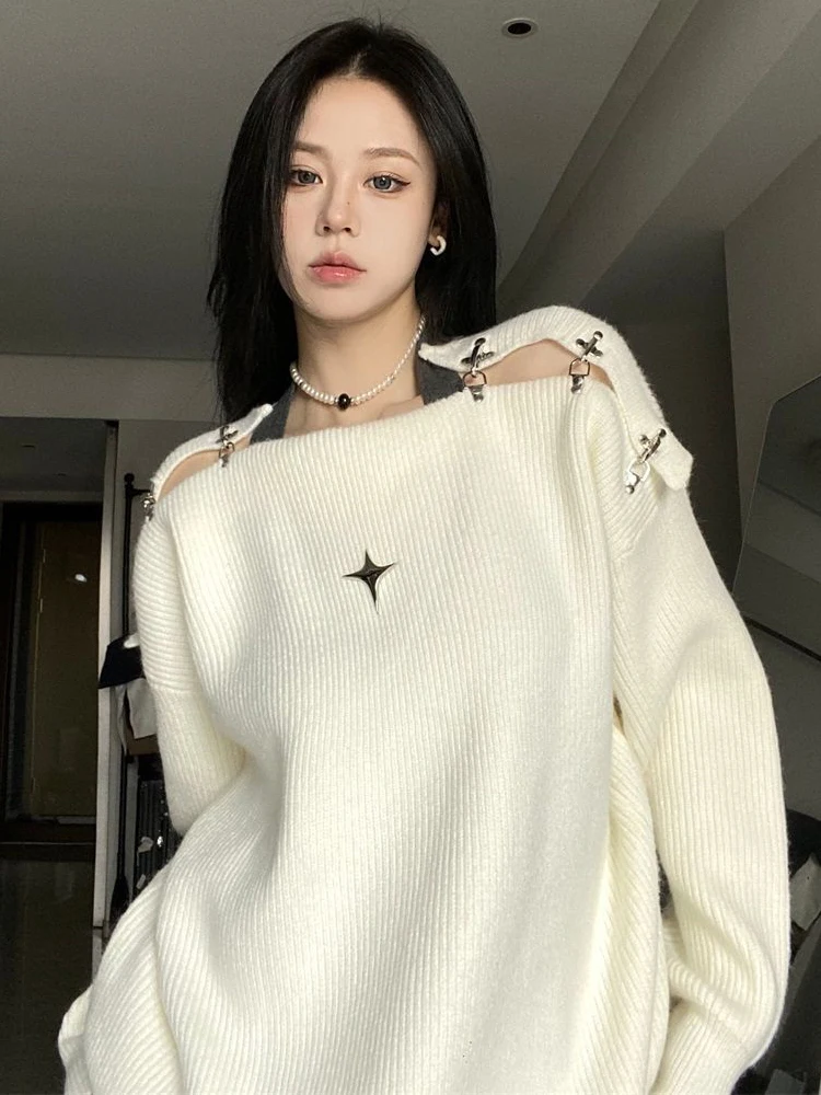 Y2K Oversized Sweater Women Korean Fashion Sexy Off Shoulder Pullovers Female Autumn Winter Casual Loose Metal Design Jumpers