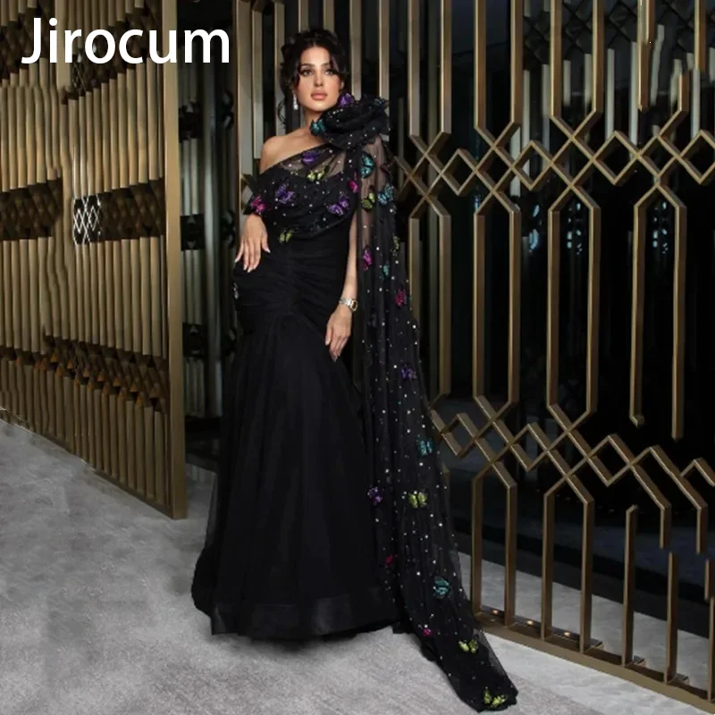 

Jirocum Black Mermaid Prom Dress Women's Colorful Butterfly One Shoulder Tulle Party Evening Gown Wedding Formal Occasion Gowns