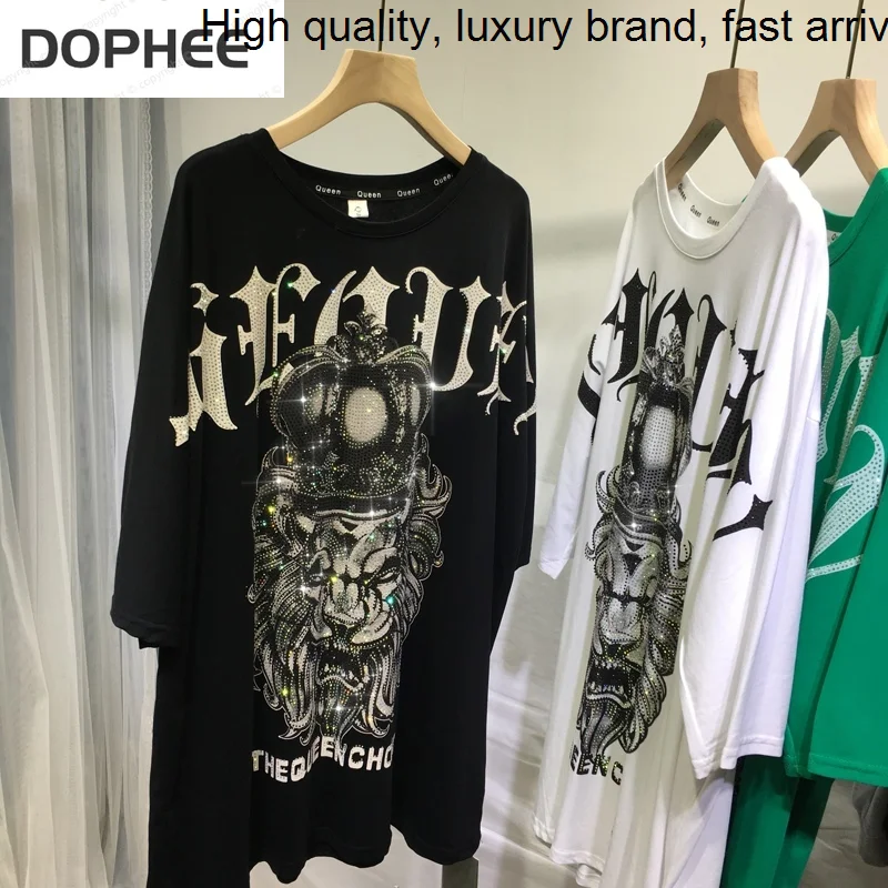 Hot Drilling Luxury Trendy Women T-shirts Domineering Lion Head Crown Oversized Top Mid-long O-neck Short Sleeve Tees Streetwear