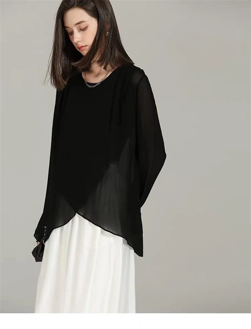 Camisa elegante francesa de manga larga de gasa, blusa ligera transparente y sexy para mujer, tallas grandes 6XL 7XL