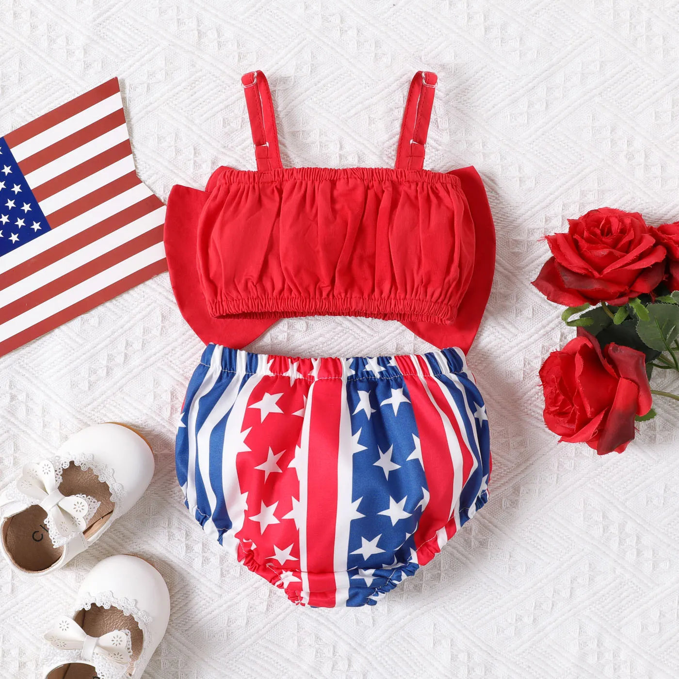 PatPat Independence Day 2pcs Baby Girl 100% Cotton Bow Decor Slip Top and Frill Trim Shorts Set