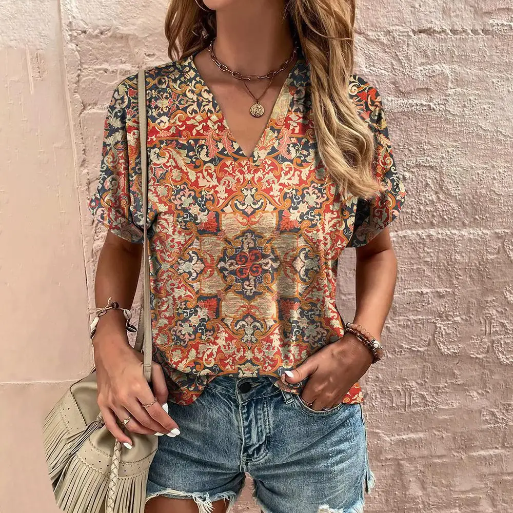 Retro Women\'s T Shirt Floral Print Summer Casual Ladies Clothes Short Sleeve Blouse V Neck Harajuku Clothing Female New Street