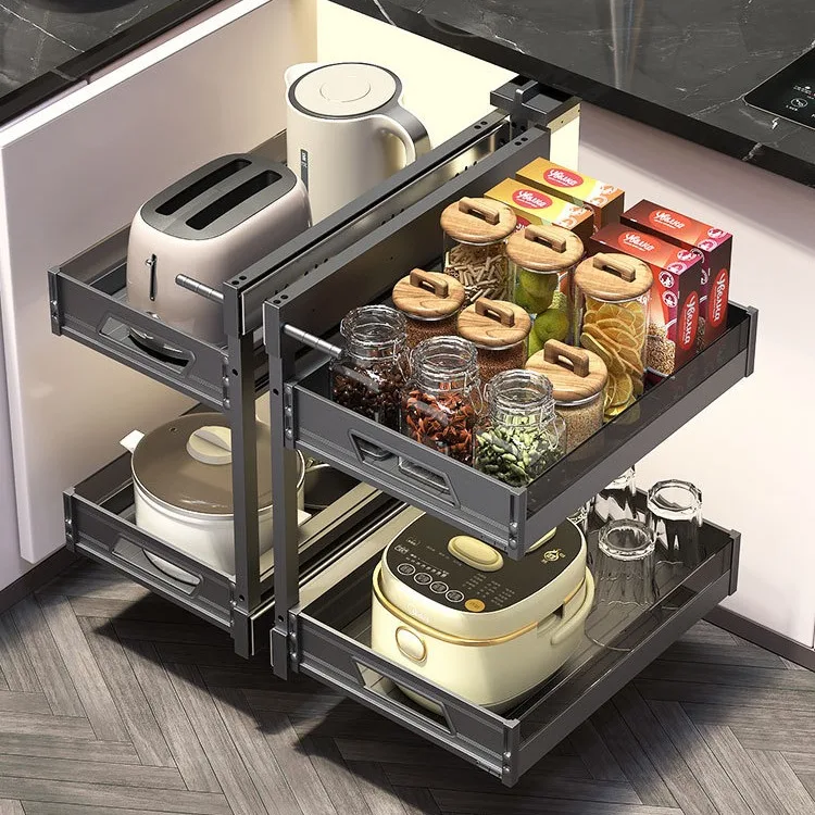 

Kitchen cabinets fully open, translating corners, small Warcraft pots and pans, all-aluminum alloy basket pulling artifact