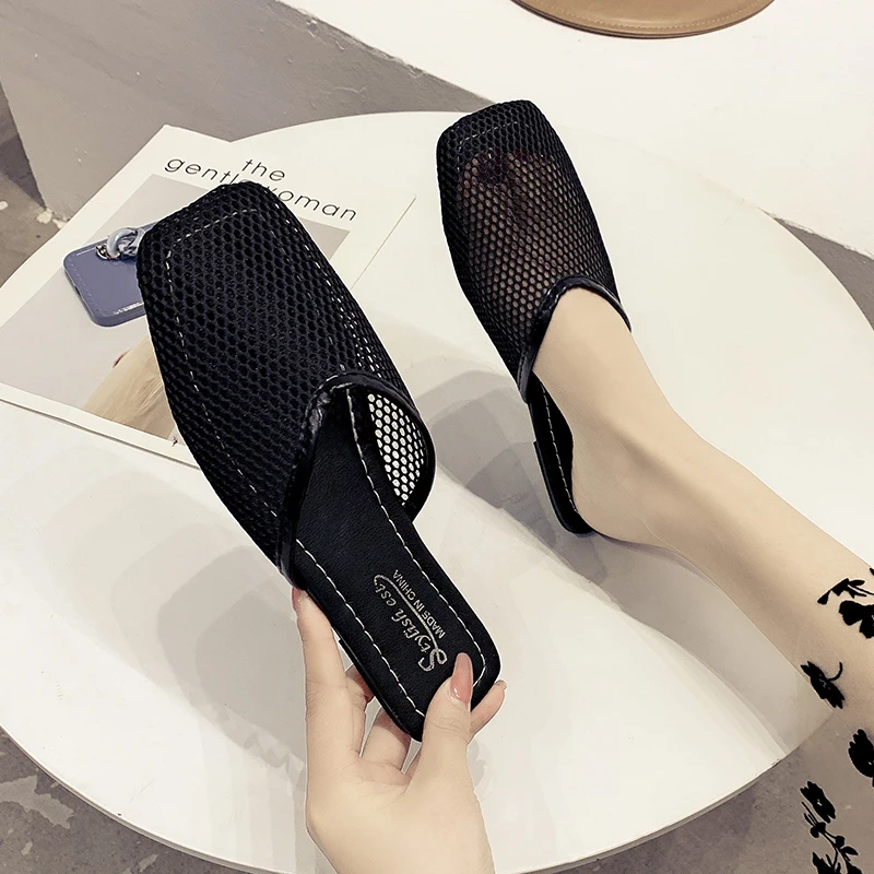 Summer Women Slippers Sexy Mesh Mules Indoor Home Slides Square Toe Female Flats Shoes Outdoor Clogs Beach Sandals Flip Flops 43