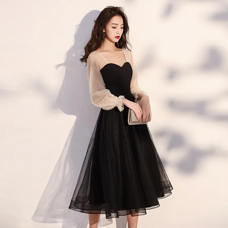 

Жемчужное платье Cheongsam с рукавами-фонариками и вырезом в форме сердца, сетчатое платье Ципао с открытой спиной, плиссированное вечернее платье, черное платье Vestidos