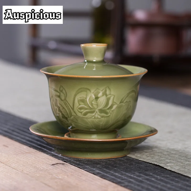 180ml Longquan Celadon Antique Galze Gaiwan Retro Lotus Tea Tureen Tea Bowl With Lid Kit Tea Maker Cover Bowl Tea Ceremony Gift