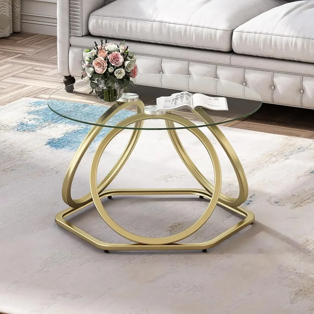 Gold Coffee Table, Modern Glass Coffee Table Living Room Table with Hexagonal Base, Round Coffee Table for Home&Office