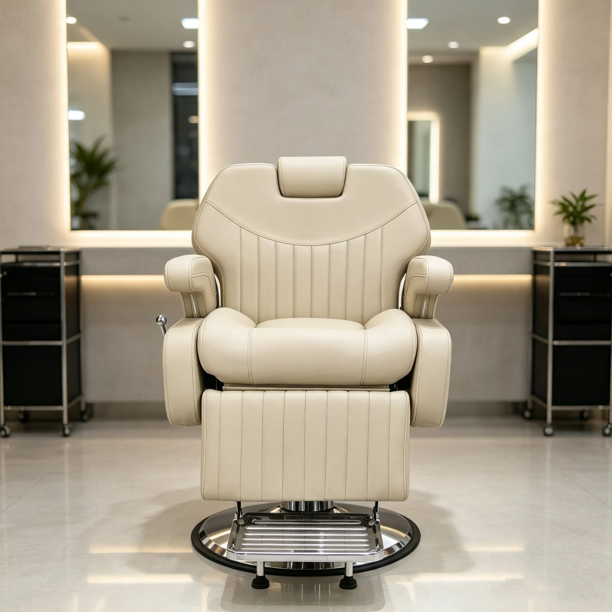 Luxury beige PU leather barber chair 360 ° rotating hydraulic recliner salon furniture