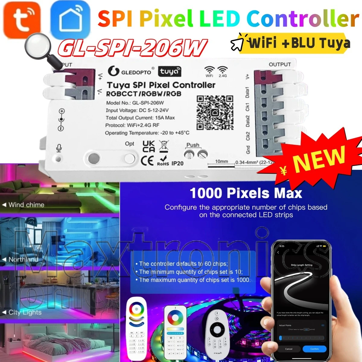 GLEDOPTO WiFi +BLU Tuya WS2811 SK6812 SPI Pixel LED Controller Smart Life App Control for TM1814 TM1934A WS2801 WS2805 LED Strip