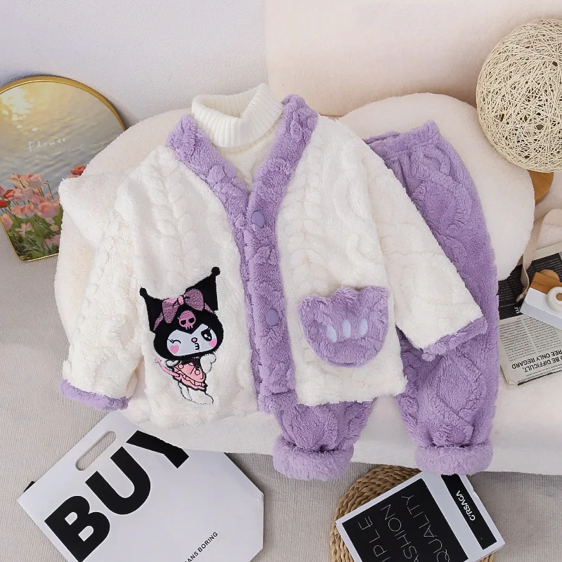 2 قطعة بيجامات الفتيات 2025 الخريف الشتاء سانريو كورومي الكرتون لطيف أنيمي الحلو الأطفال فتاة الفانيلا بدلة طفل ملابس المنزل الدافئة