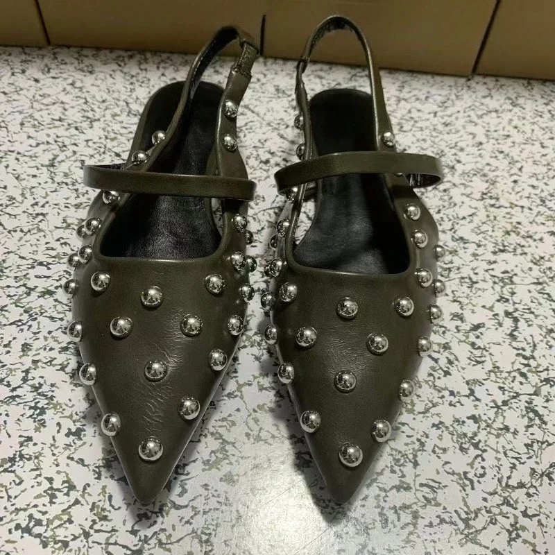 

Pointed Toe Women Flat Sandals 2025 Summer Vintage Rivets Decoration Trendy Design Office Footwear Big Size Brand Female Shoes