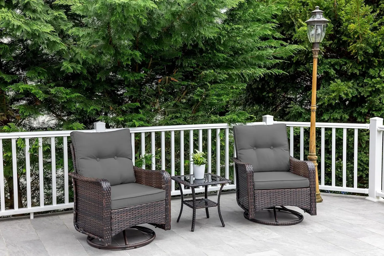3 Pieces Patio Swivel Rocker Wicker Chairs-Outdoor Chairs with 1 Rattan Coffee Table&2 Thickened Cushions Conversation Sets
