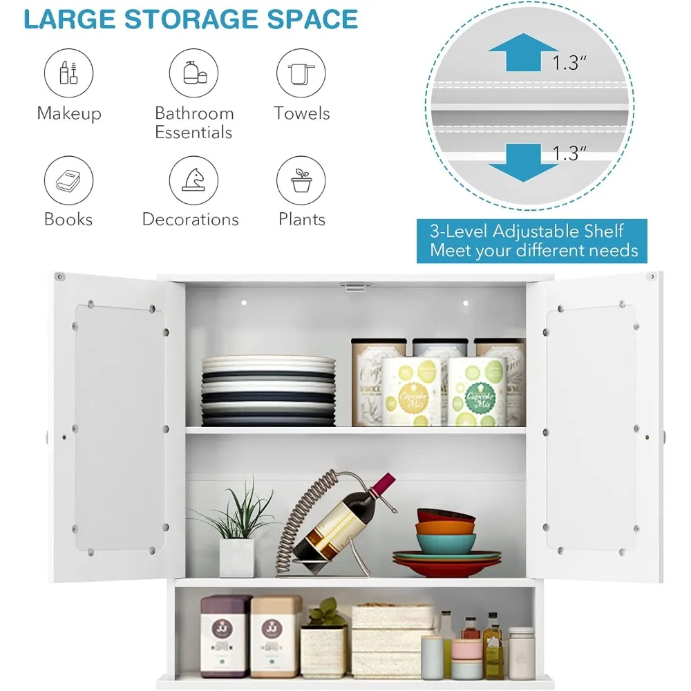 خزانة حمام مثبتة على الحائط بأبواب عاكسة ورف قابل للتعديل ومقصورة مفتوحة #6