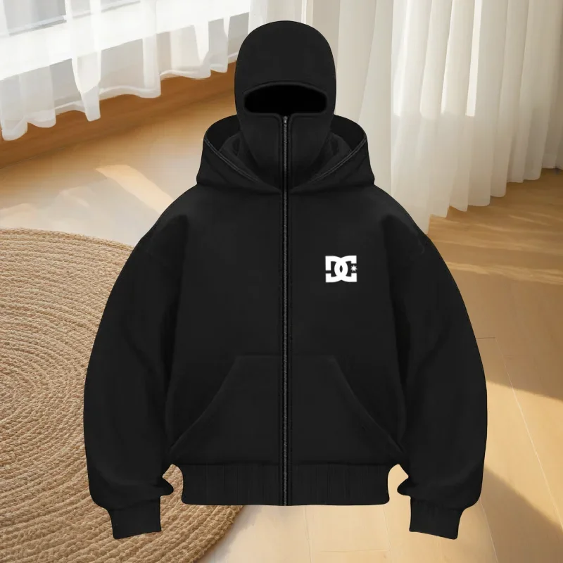 

New men's fashionable casual zippered autumn and winter warm outdoor fitness street hoodie, loose face mask sweatshirt