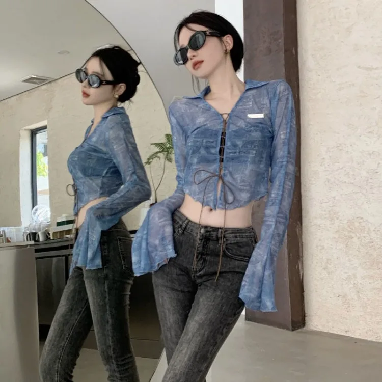 2024 Summer New Slim Fit Lace Up Cardigans American Vintage Blue Lapel Neck Tops Women Y2k Grunge Long Sleeve Blusas Mujer