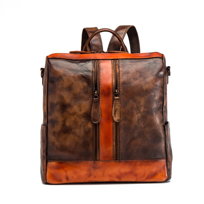 Vintage Genuine Leather Backpack Woman Patchwork First Layer Cowhide Travel Bags Luxury Handmade Real Cow Leather Shoulder Bag