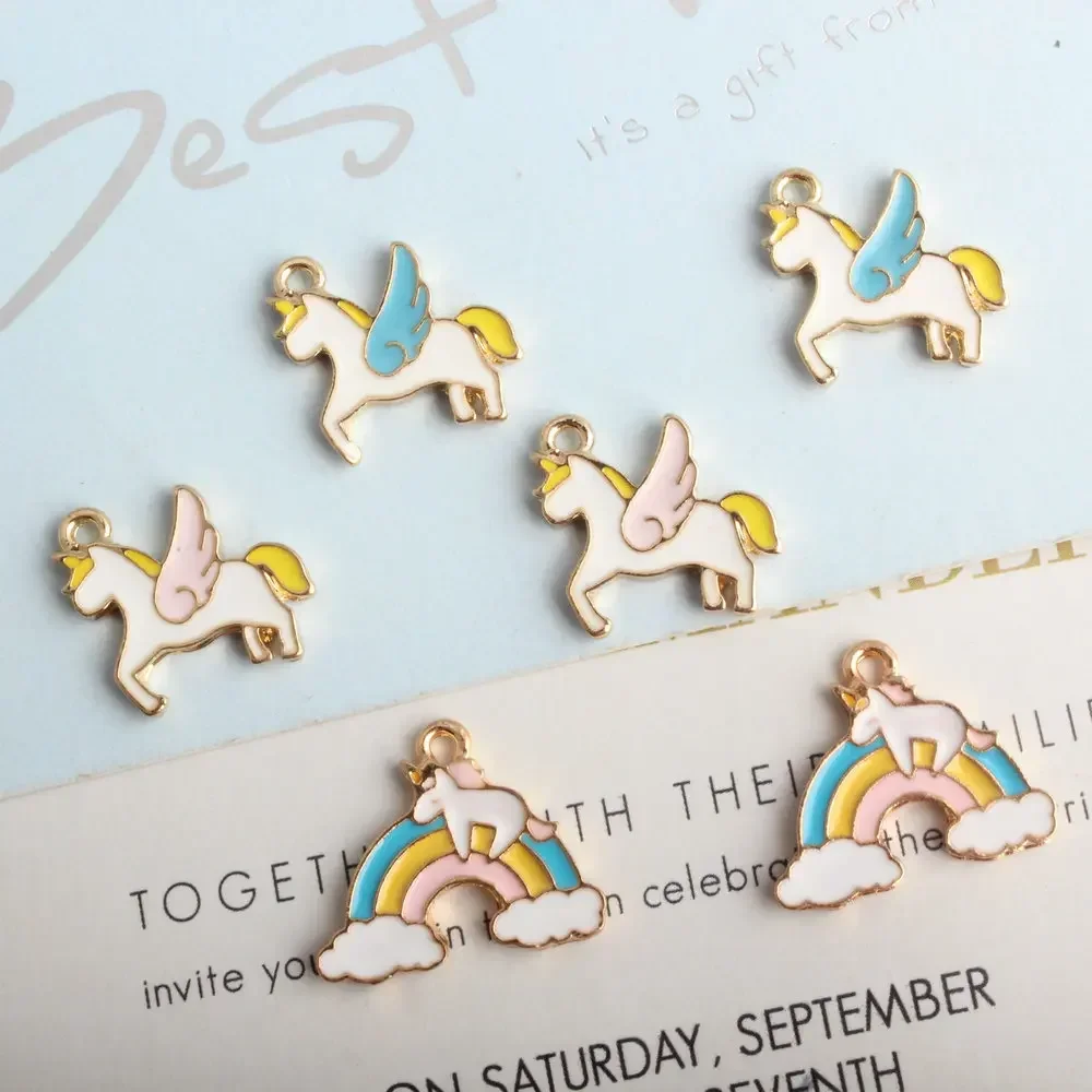 10pcs Pony Pendant Rainbow Pink Blue Winged Horse Alloy Enamel Charm Tag DIY Accessories of Necklace Bracelet Handmade