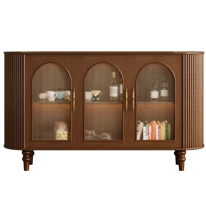 French retro side cabinet, solid wood medieval coffee and tea storage cabinet, bedroom walnut bucket cabinet against the wall