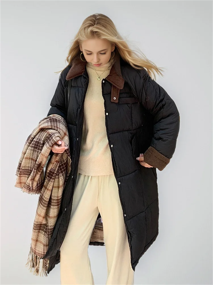 Women\'s Puffer Jacket Mid-Length 2024 Winter New The Korean Version Is Loose Thickened Lapels Contrasting Cotton Jacket Coat