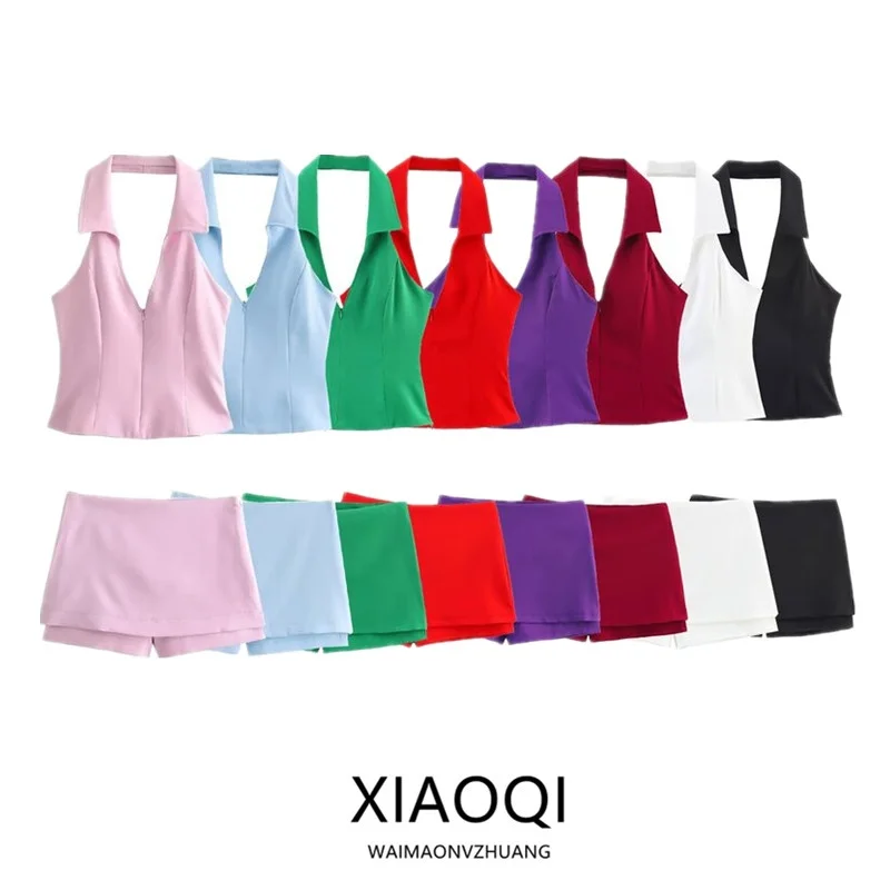 Printemps 2024 femmes irt polyvalent col suspendu haut taille haute jupe pantalon Faionable Ensemble pour les idées 25-35