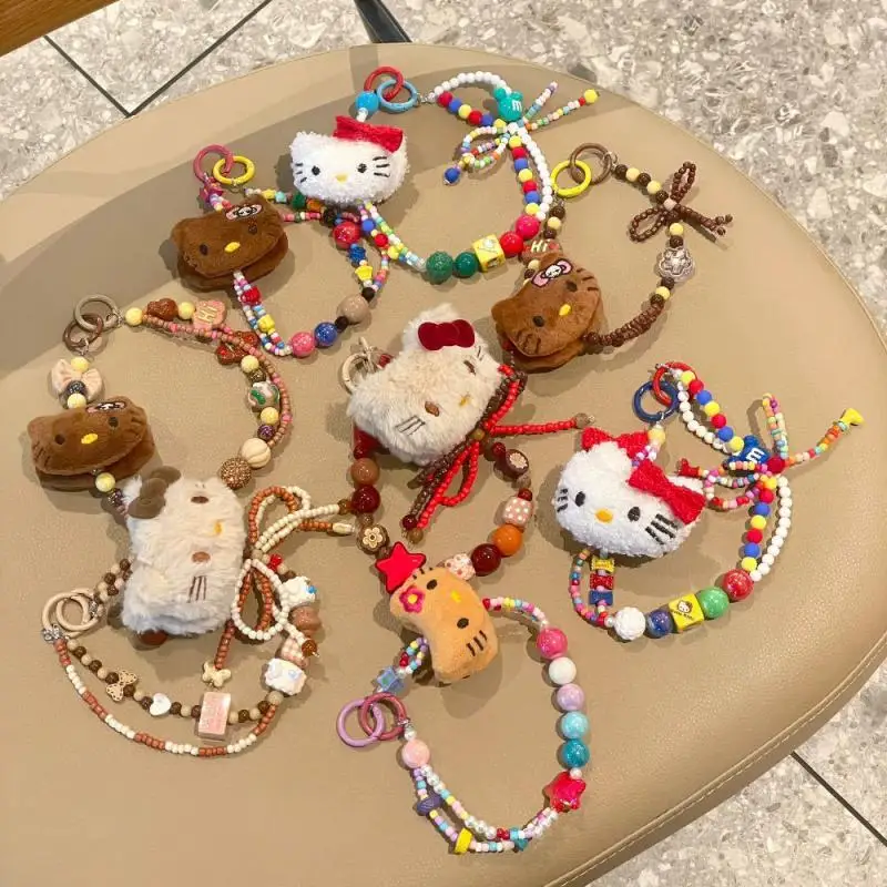 2025 Cartoon Kawaii Sanrio Hello Kitty Keychain Couple Backpack Pendant Children's Anime Plush Toy Beaded Pendant Holiday Gift