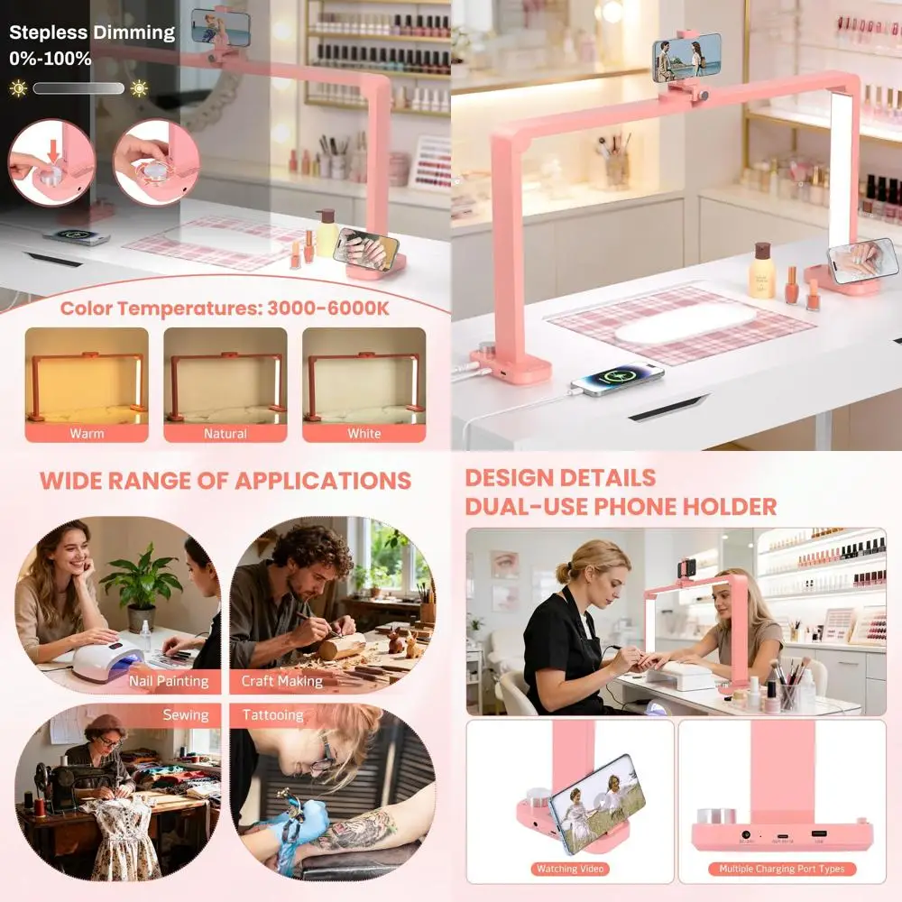 

Large Square LED Nail Lamp Desk with Holder, Ideal for Manicures, Tattoos, and Sewing in Pink