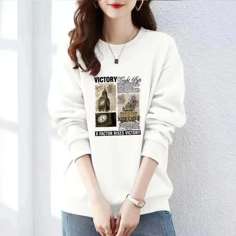 Women\'s Thick Round Neck Solid Color Hoodies Autumn Winter New Korean Loose Long Sleeve Printed Building Pullover Casual Tops