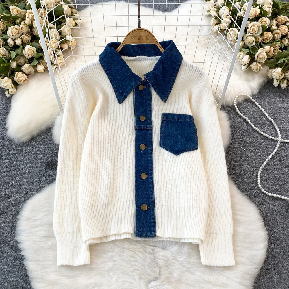 Autumn Knitted Cardigan Women Turn-down Collar Single-breasted Splicing Denim Knitwear Casual Fashion Long-sleeved Sweater Coat