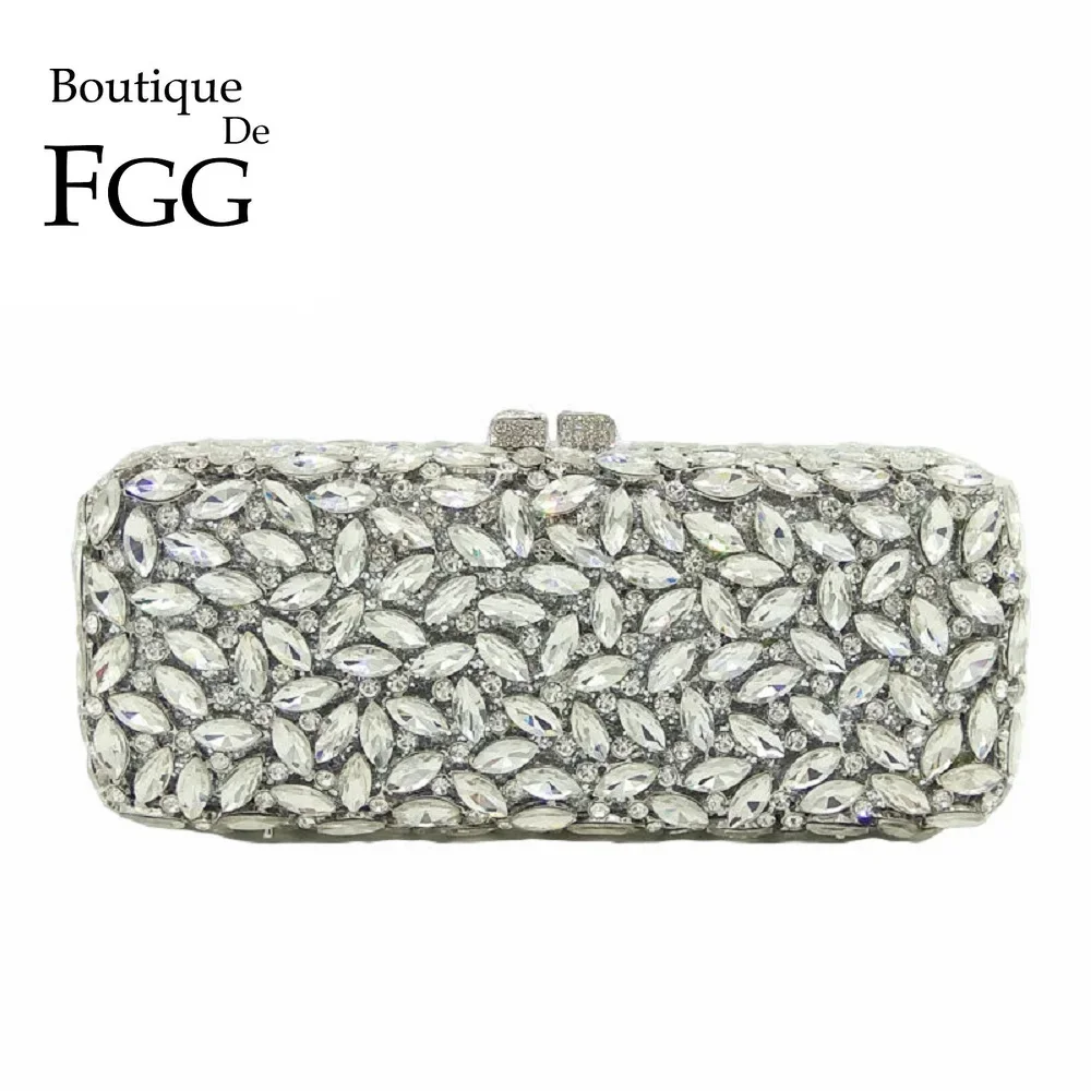 Boutique De FGG (in stock) Women Silver Crystal Clutch Evening Bags Box Minaudiere Handbag Bridal Purse Wedding Party Clutches