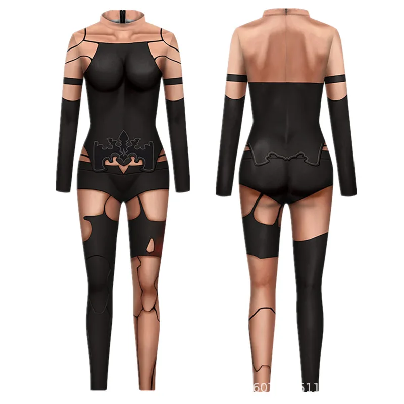 Halloween Sexy Damen Kostüm mit Digitaldruck, Karneval Bodysuit mit Reißverschluss, Party Cosplay Jumpsuit Outfit – Detail 31