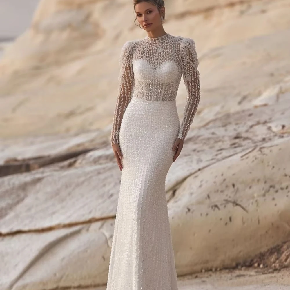 Robe de mariée de luxe glamour personnalisée avec perles, pour femmes, modeste, col haut, manches longues, robe de mariée de rêve, nouvelle collection 2026