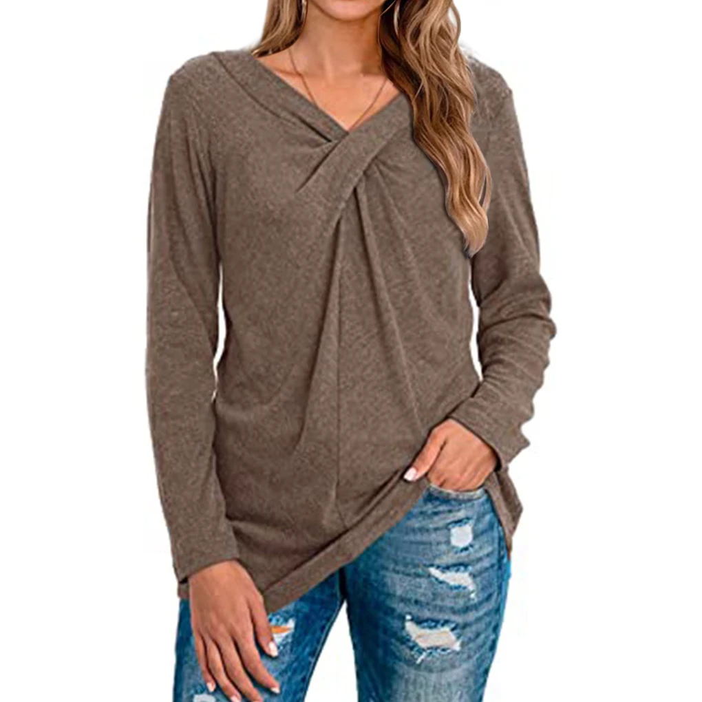 Women T-shirt V Neck Top Long Sleeve Solid Color Blouse T Shirt, Wine Red, S