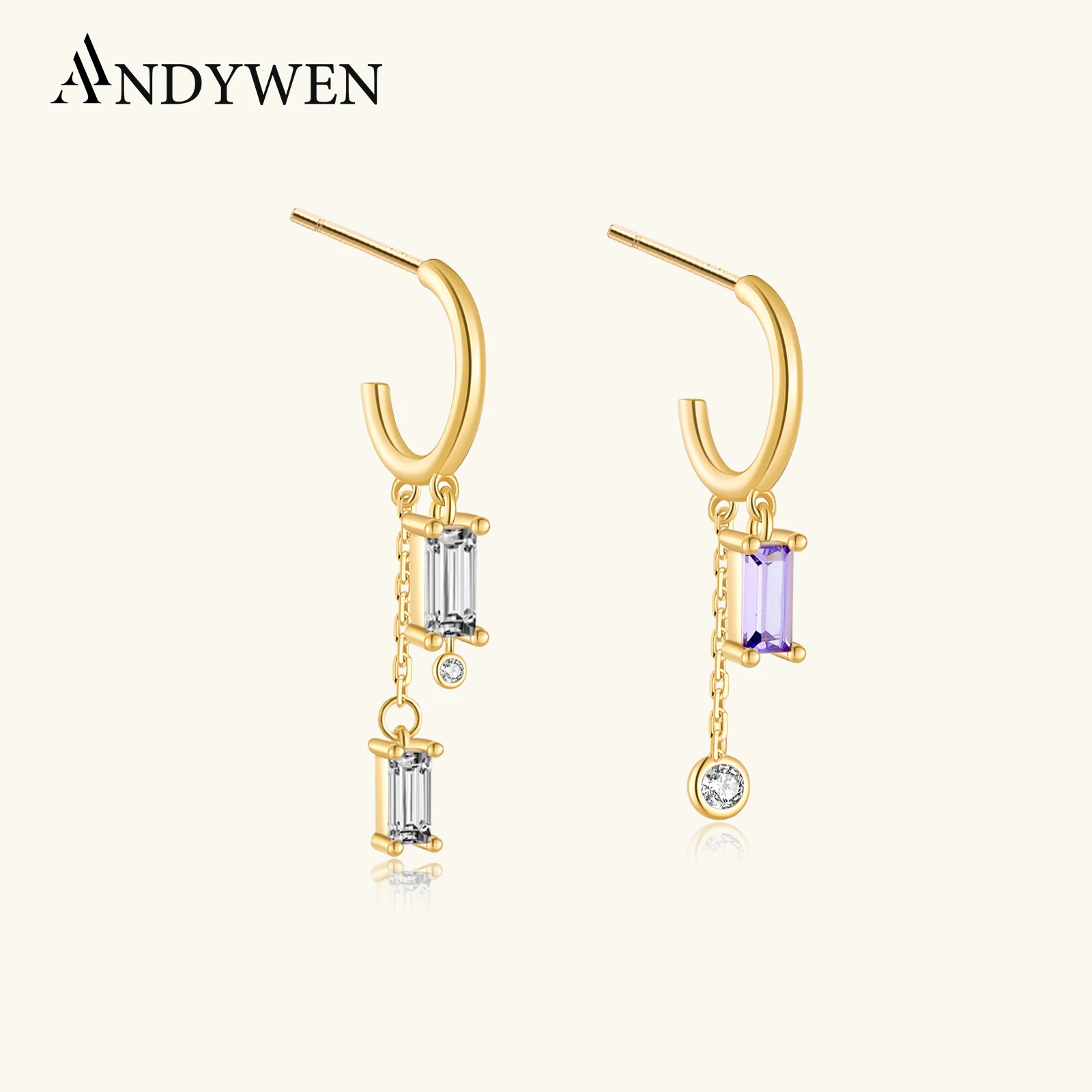 

ANDYWEN 925 Sterling Silver Gold Purple Zircon Square Chain Drop Earring Luxury Piercing Fashion Irregular Fine Jewelry