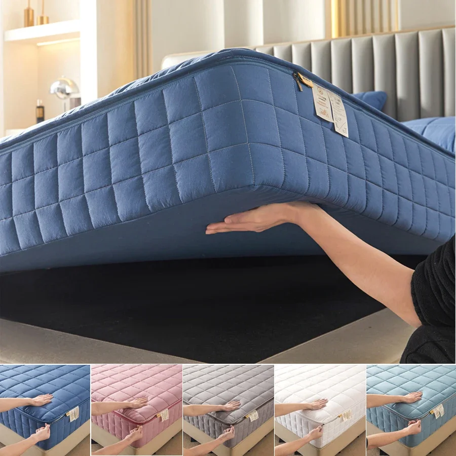 WASART Housse de protection de matelas avec fermeture éclair matelassée épaisse 360 ° Coussin de protection de drap de couple de lit double de luxe entièrement fermé