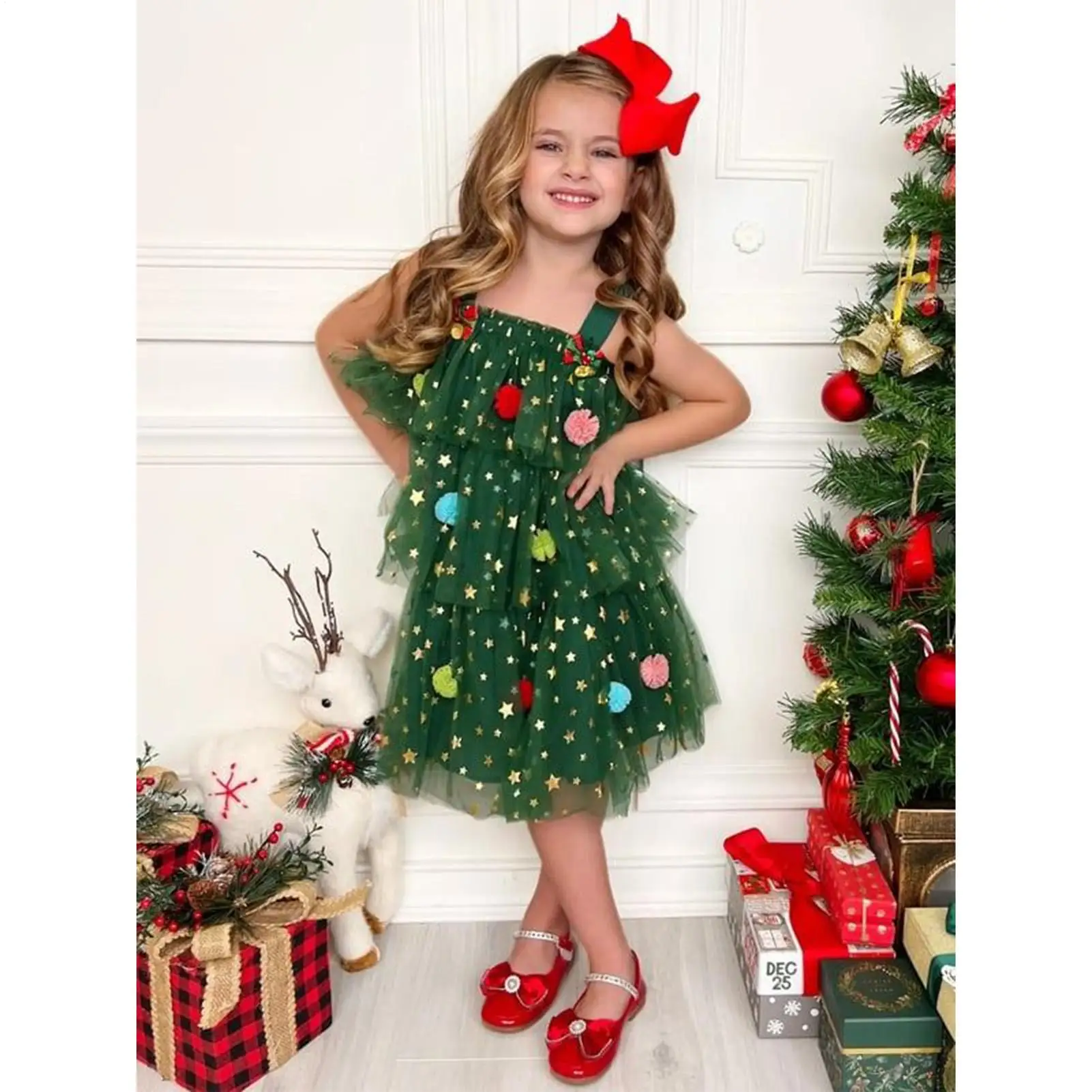 Girls Christmas Dress Fashion Girls Dress Glitter Clothes Tiered Outfit for Event Party Birthday Outdoor Activities Club