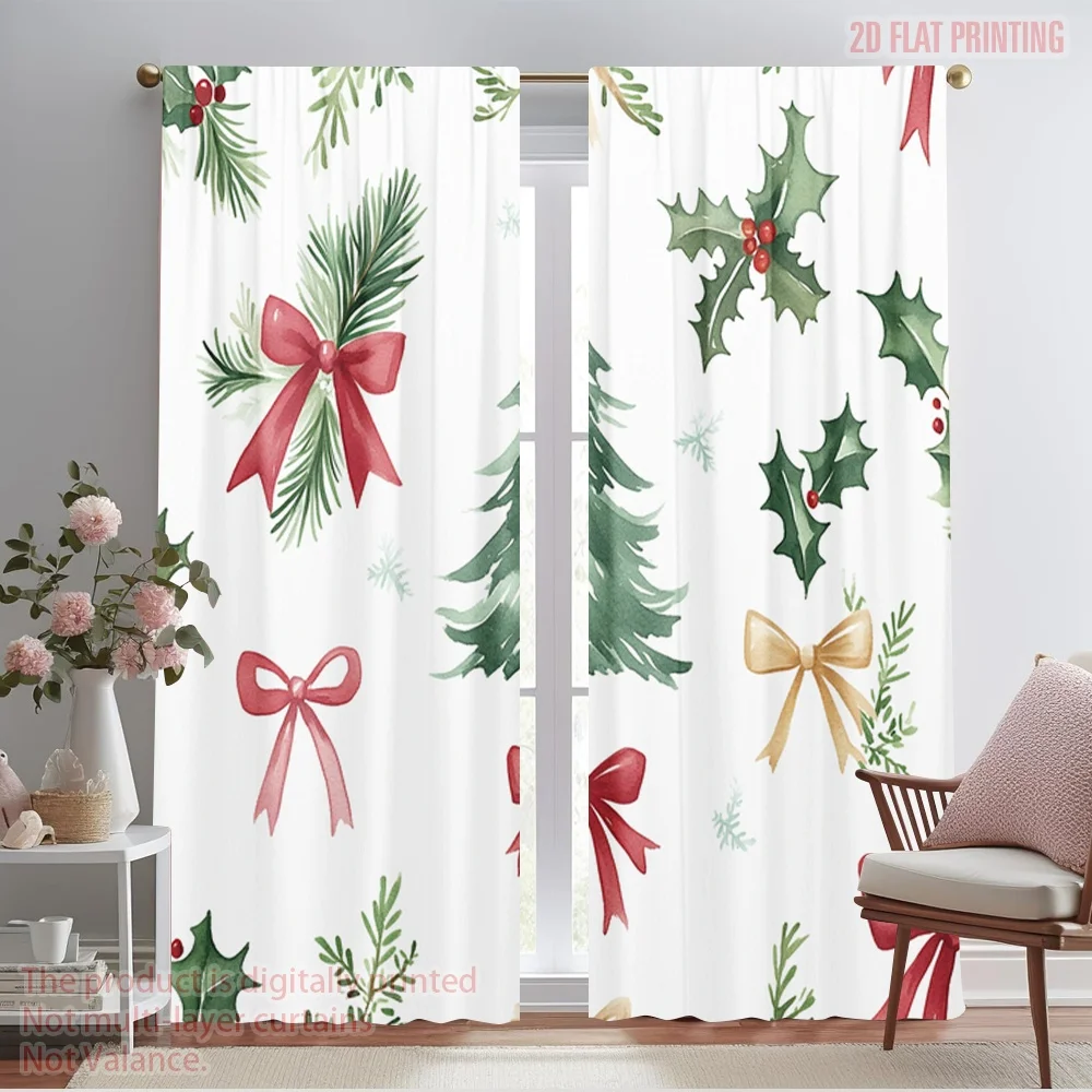 2pcs,2D plane printing Curtains Digital Printed Christmas Bow Holly Berry Tree (4) Polyester Woven (without rod) Festive Ldeal