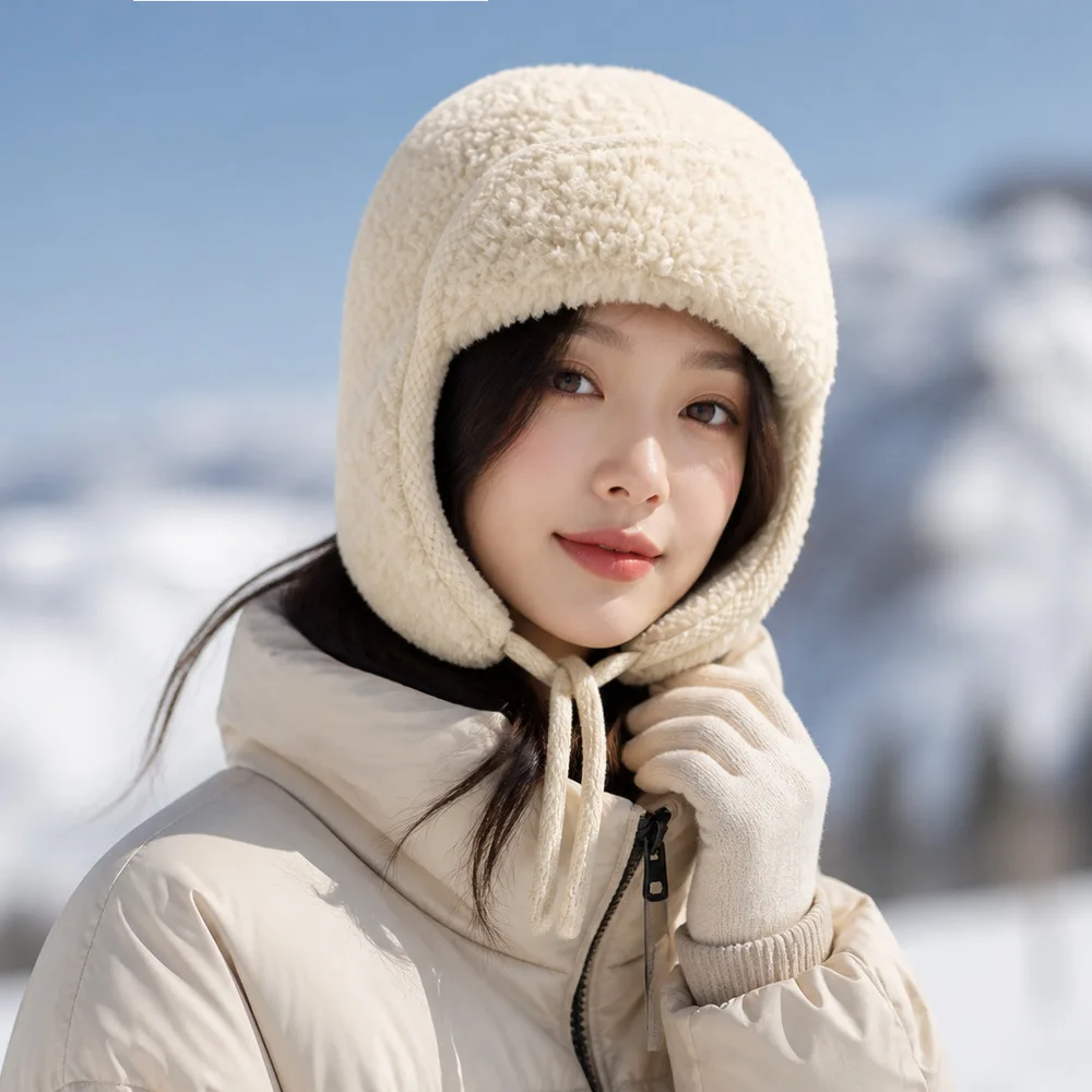 Fleece Lined Lamb Wool Ushanka Hat, Windproof Cold Resistant Pilot Cap for Cycling Skiing Winter