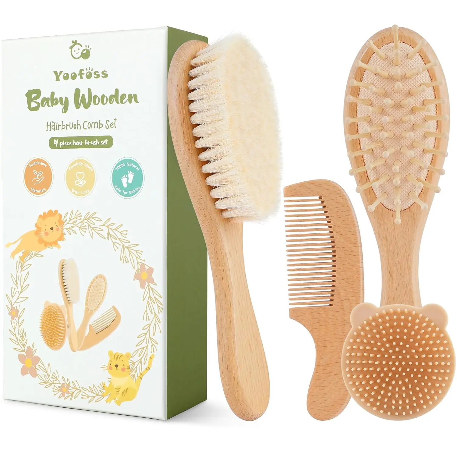

4 Piece Baby Brush and Comb Set, Wooden Hair Brush with Natural Goat Bristles for Newborns, Gentle Detangler for Boys Girls