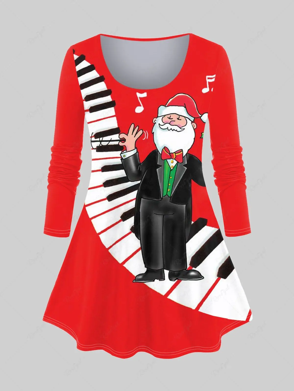 2023 New Women's Santa Claus Piano Music Symbol Print Christmas Long Sleeves T-shirt Or Flare Pants Daily Casual Matching Set