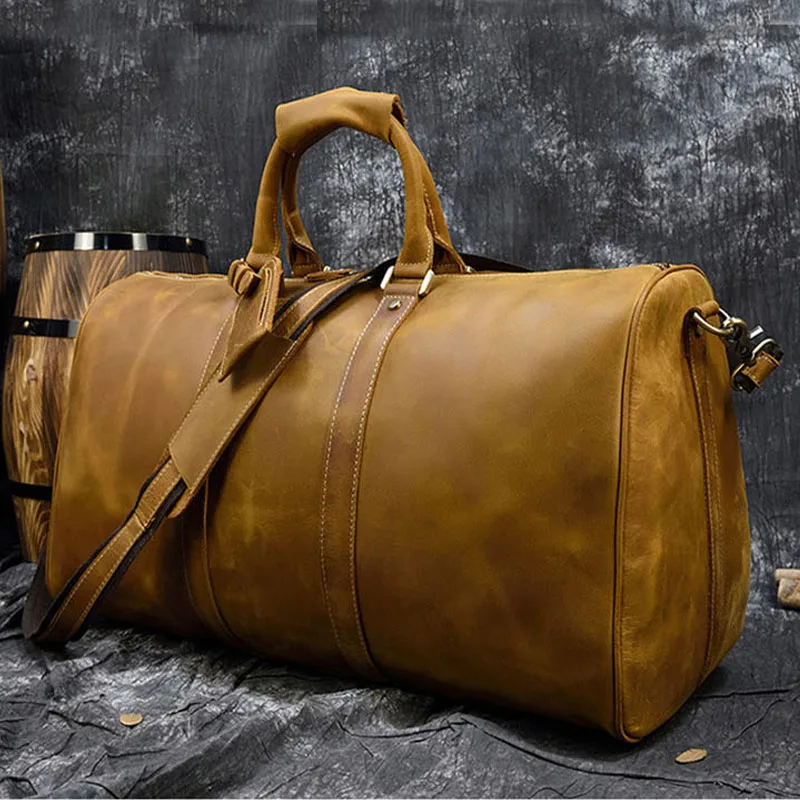 Luufan Genuine Leather Travel Bag For Men Vintage Cow Leather Carry On Luggage Bag Male Weekend Travel Duffle Big Shoulder Bags