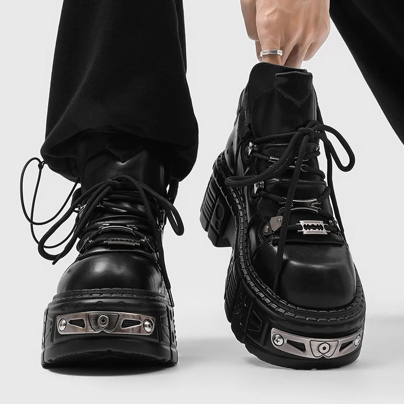 New Men Punk Style Lace up Shoes 6 Centimeter Heel Thick-soled Shoes Men Fashionable Ankle Boots Metal-decorated Men Sports Shoe